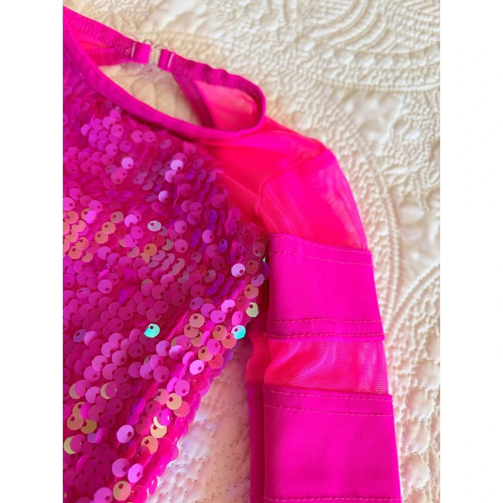 Weissman Little Girls Dance Recital Shorts Leotard Hot Neon Pink Sequins XSC